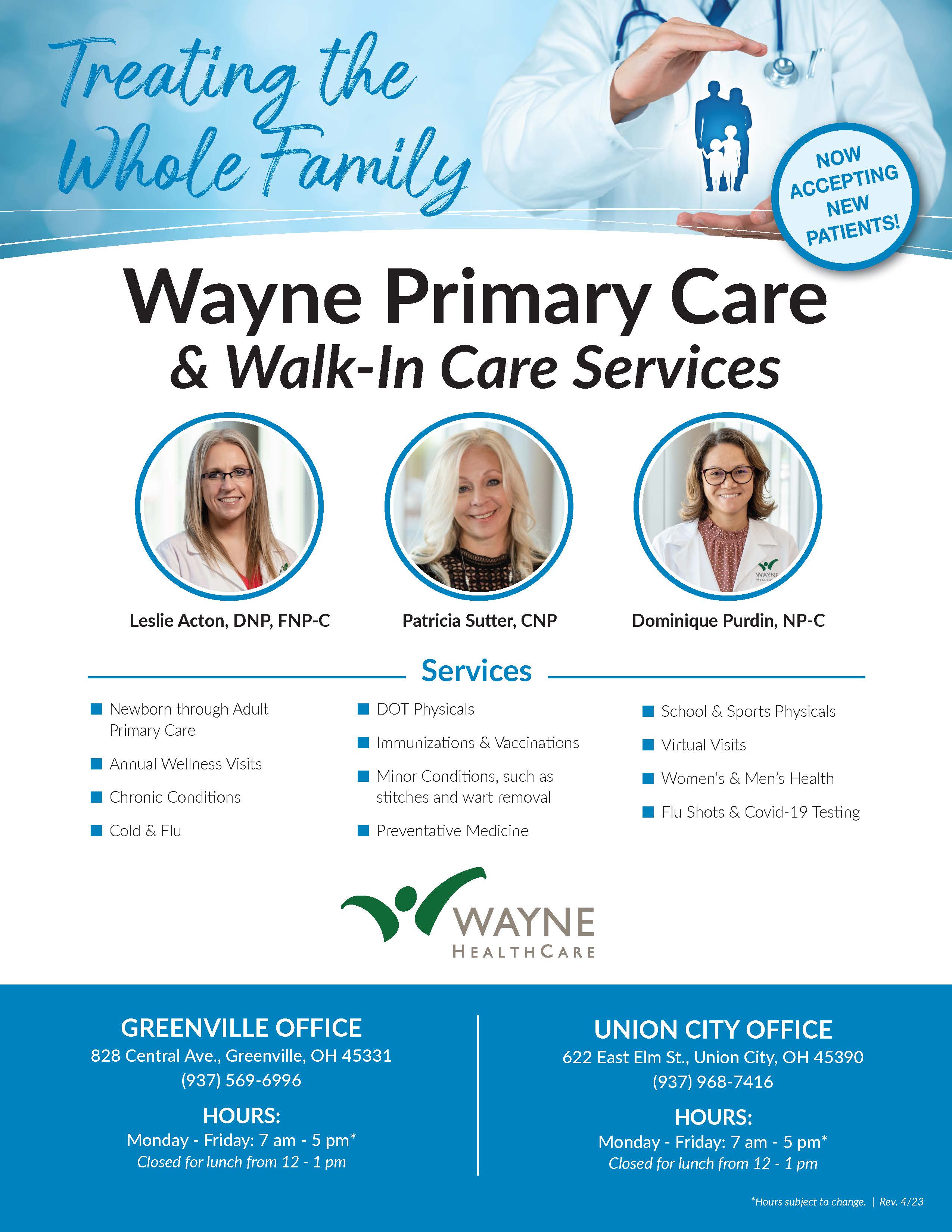 Photos of 3 Wayne Primary Care Providers along with list of services offered and business hours.